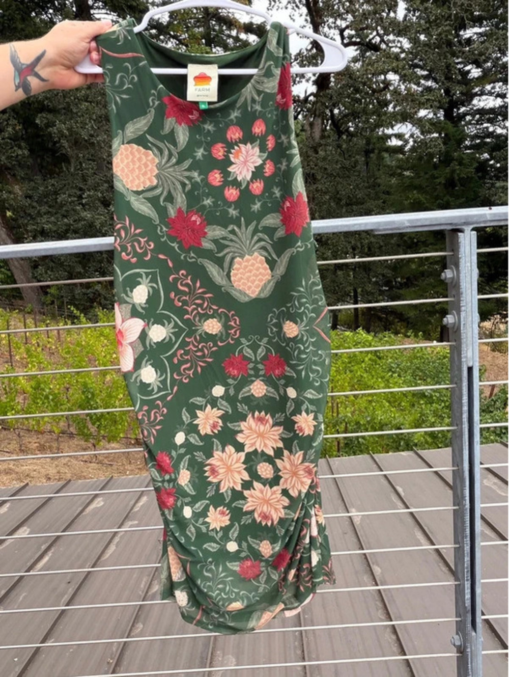 NWOT Farm Rio sleeveless stretchy green floral rouching dress size XL
